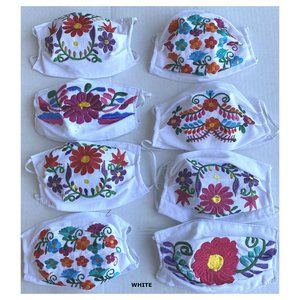 Embroidered Face Mask Hand Made Flowers White